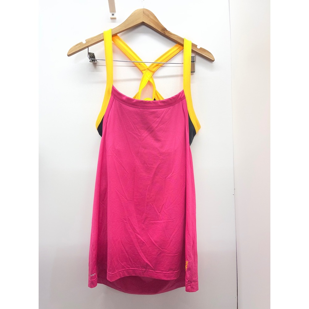 Reebok PlayDry Tank Top Large Pink Yellow Built-in Bra Open Back Activewear